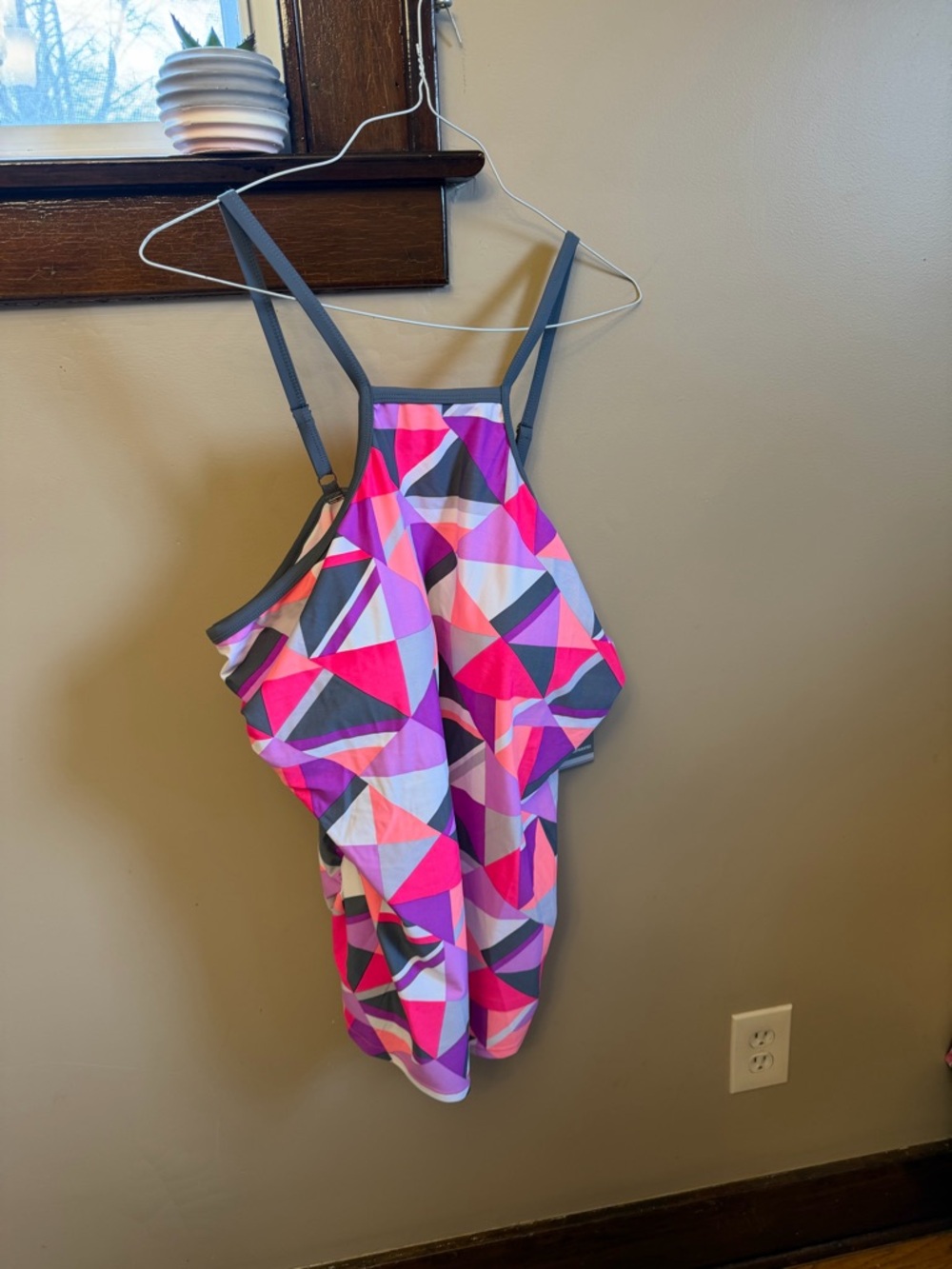 Geometric Pink & Gray Swim Top